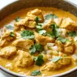 Slow cooker chicken korma curry - the image is a close-up of a bowl of indian curry. the curry is a rich orange color and appears to be made with chunks of chicken, onions, and spices. the dish is garnished with fresh cilantro leaves. the bowl is made of ceramic and is sitting on a white marble countertop. the background is blurred, making the curry the focal point of the image.