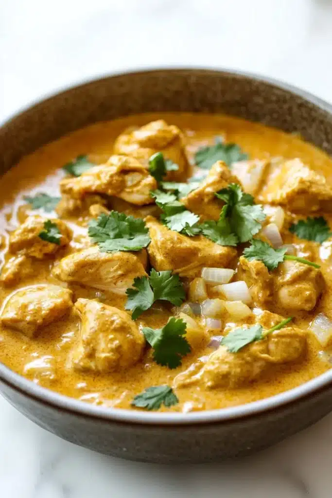 Slow cooker chicken korma curry - the image is a close-up of a bowl of indian curry. the curry is a rich orange color and appears to be made with chunks of chicken, onions, and spices. the dish is garnished with fresh cilantro leaves. the bowl is made of ceramic and is sitting on a white marble countertop. the background is blurred, making the curry the focal point of the image.