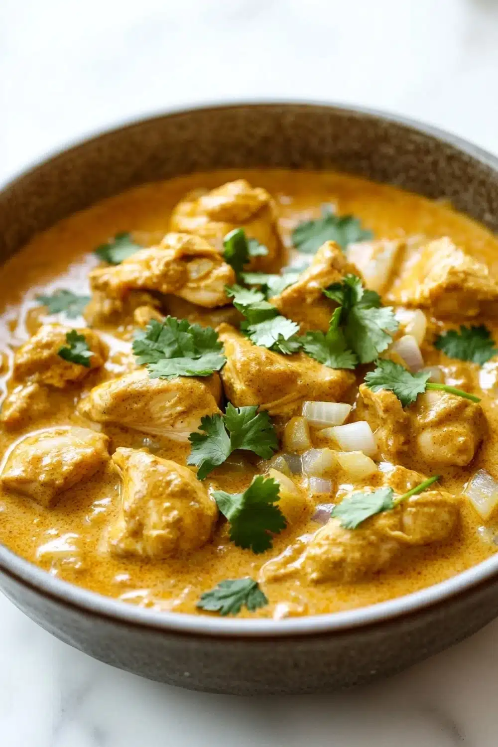 Slow cooker chicken korma curry - the image is a close-up of a bowl of indian curry. the curry is a rich orange color and appears to be made with chunks of chicken, onions, and spices. the dish is garnished with fresh cilantro leaves. the bowl is made of ceramic and is sitting on a white marble countertop. the background is blurred, making the curry the focal point of the image.