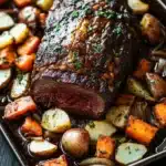 Slow cooker roast beef from frozen - the image shows a large piece of cooked meat on a black rectangular baking tray. the meat appears to be a roast beef, with a dark brown crust on top and a juicy center. it is garnished with chopped herbs and spices, giving it a savory flavor. the tray is filled with roasted vegetables, including potatoes, carrots, and onions. the vegetables are arranged in a circular pattern around the meat, with some overlapping each other. the background is a dark wooden table, and there is a fork resting on the side of the tray.