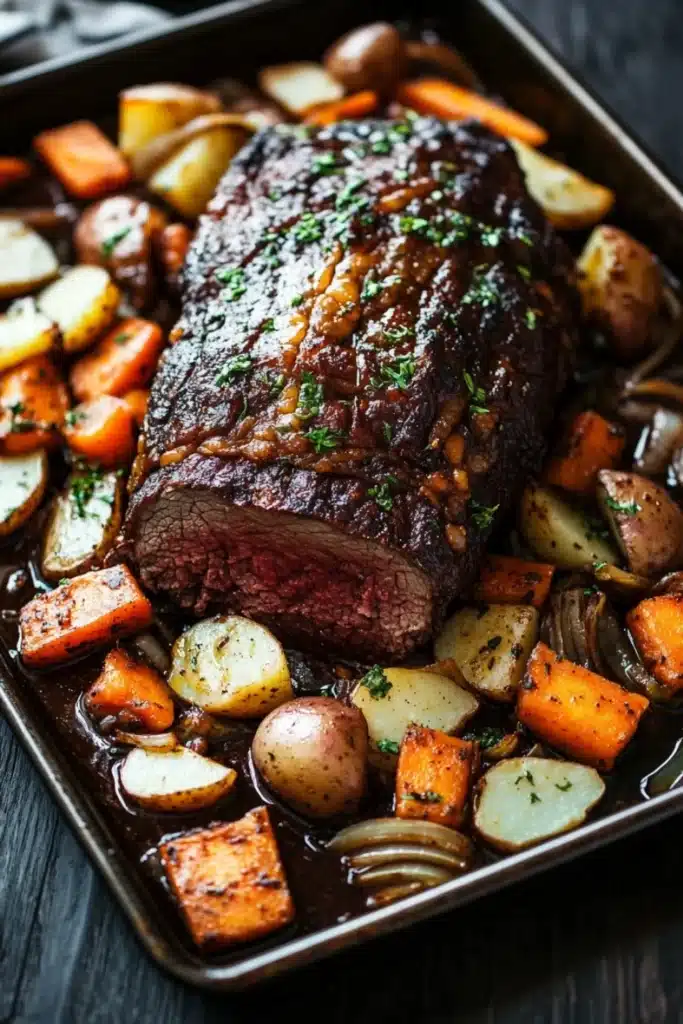 Slow cooker roast beef from frozen - the image shows a large piece of cooked meat on a black rectangular baking tray. the meat appears to be a roast beef, with a dark brown crust on top and a juicy center. it is garnished with chopped herbs and spices, giving it a savory flavor. the tray is filled with roasted vegetables, including potatoes, carrots, and onions. the vegetables are arranged in a circular pattern around the meat, with some overlapping each other. the background is a dark wooden table, and there is a fork resting on the side of the tray.