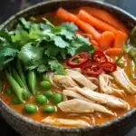Slow cooker thai red curry noodle soup - the image is a close-up of a bowl of soup. the soup is a rich orange color and appears to be thick and creamy. it is filled with chunks of chicken, carrots, green beans, and red chili peppers. the vegetables are arranged in a colorful and appetizing manner, with some of them overlapping each other. the bowl is made of dark-colored ceramic and has a textured surface. the background is blurred, but it seems to be a wooden table or countertop. the overall mood of the image is warm and inviting.
