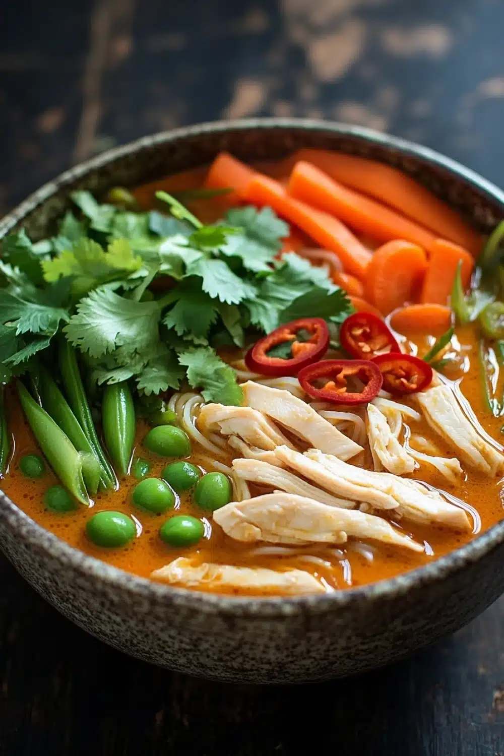 Slow cooker thai red curry noodle soup - the image is a close-up of a bowl of soup. the soup is a rich orange color and appears to be thick and creamy. it is filled with chunks of chicken, carrots, green beans, and red chili peppers. the vegetables are arranged in a colorful and appetizing manner, with some of them overlapping each other. the bowl is made of dark-colored ceramic and has a textured surface. the background is blurred, but it seems to be a wooden table or countertop. the overall mood of the image is warm and inviting.