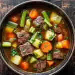 Slow cooker vegetable soup with beef - the image is a close-up of a bowl of beef stew on a wooden table. the stew is made with chunks of beef, carrots, celery, and potatoes. the beef is cooked medium-rare and appears to be seasoned with herbs and spices. the vegetables are bright orange and yellow, and the broth is a rich brown color. the bowl is made of metal and has a dark brown rim. the table has a rustic, weathered appearance.