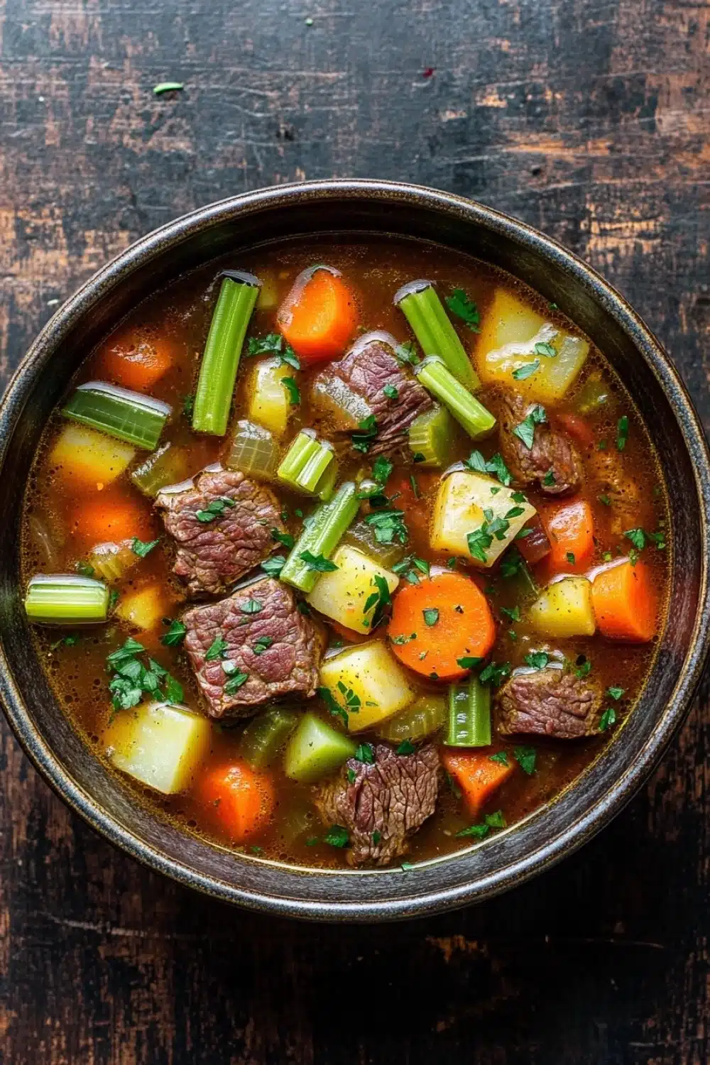Slow cooker vegetable soup with beef - the image is a close-up of a bowl of beef stew on a wooden table. the stew is made with chunks of beef, carrots, celery, and potatoes. the beef is cooked medium-rare and appears to be seasoned with herbs and spices. the vegetables are bright orange and yellow, and the broth is a rich brown color. the bowl is made of metal and has a dark brown rim. the table has a rustic, weathered appearance.