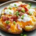 Smashed and loaded crispy potatoes - the image shows a plate of baked potatoes. the potatoes are golden brown and have a crispy texture. on top of the potatoes, there is a layer of melted cheese, diced bacon, and a dollop of sour cream. there are also some chopped green onions scattered around the plate. the plate is blue and the potatoes are arranged in a circular pattern. the background is blurred, but it appears to be a wooden table.