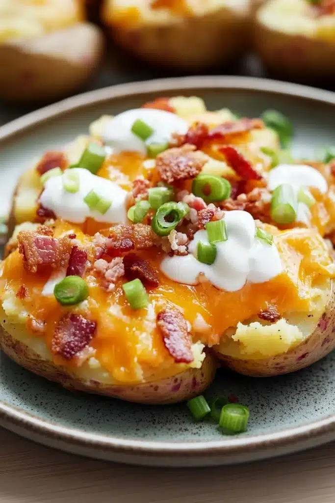 Smashed and loaded crispy potatoes - the image shows a plate of baked potatoes. the potatoes are golden brown and have a crispy texture. on top of the potatoes, there is a layer of melted cheese, diced bacon, and a dollop of sour cream. there are also some chopped green onions scattered around the plate. the plate is blue and the potatoes are arranged in a circular pattern. the background is blurred, but it appears to be a wooden table.