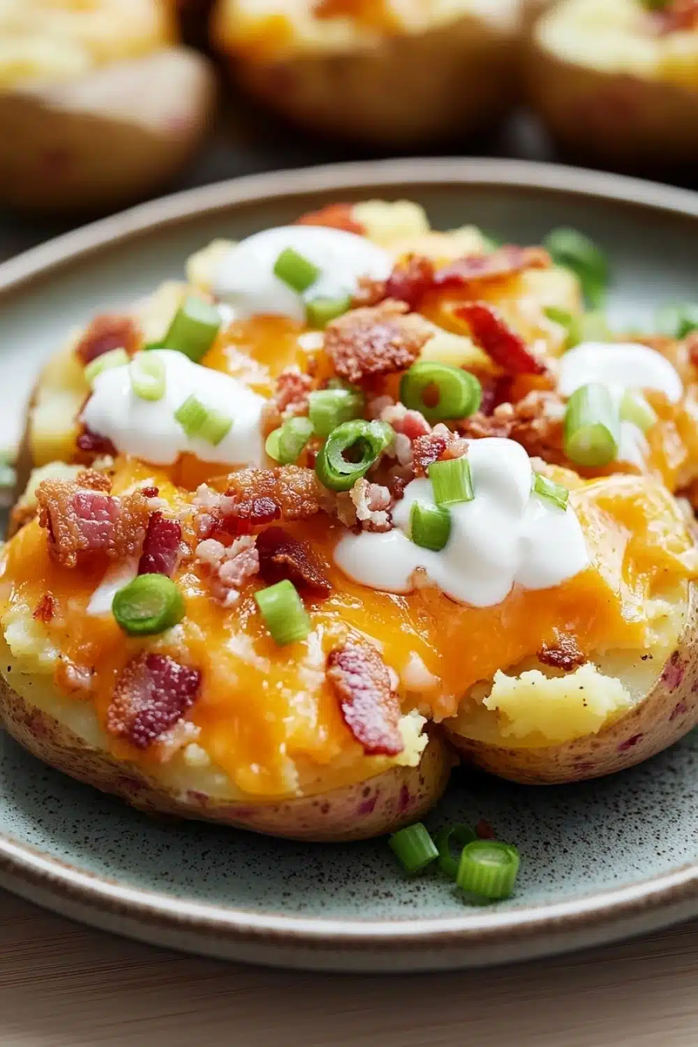 Smashed and loaded crispy potatoes - the image shows a plate of baked potatoes. the potatoes are golden brown and have a crispy texture. on top of the potatoes, there is a layer of melted cheese, diced bacon, and a dollop of sour cream. there are also some chopped green onions scattered around the plate. the plate is blue and the potatoes are arranged in a circular pattern. the background is blurred, but it appears to be a wooden table.