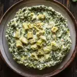 Spinach artichoke dip no cheese - the image is a top view of a round dish on a wooden table. the dish appears to be a type of spinach and artichoke dip, with a creamy green color and small pieces of artichokes scattered throughout. the plate is made of a light-colored wood and has a brown rim. on the right side of the image, there is a sprig of fresh basil leaves, adding a pop of green color to the dish. the background is dark and out of focus, making the dish stand out.