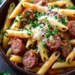 Sticky honey garlic sausage pasta skillet - the image is a close-up of a bowl of penne pasta with sausage and parmesan cheese. the pasta is cooked al dente and is garnished with fresh parsley. the dish is served in a brown ceramic bowl and is sitting on a wooden table. the background is blurred, but it appears to be a kitchen countertop. the overall color palette of the dish is warm and inviting.