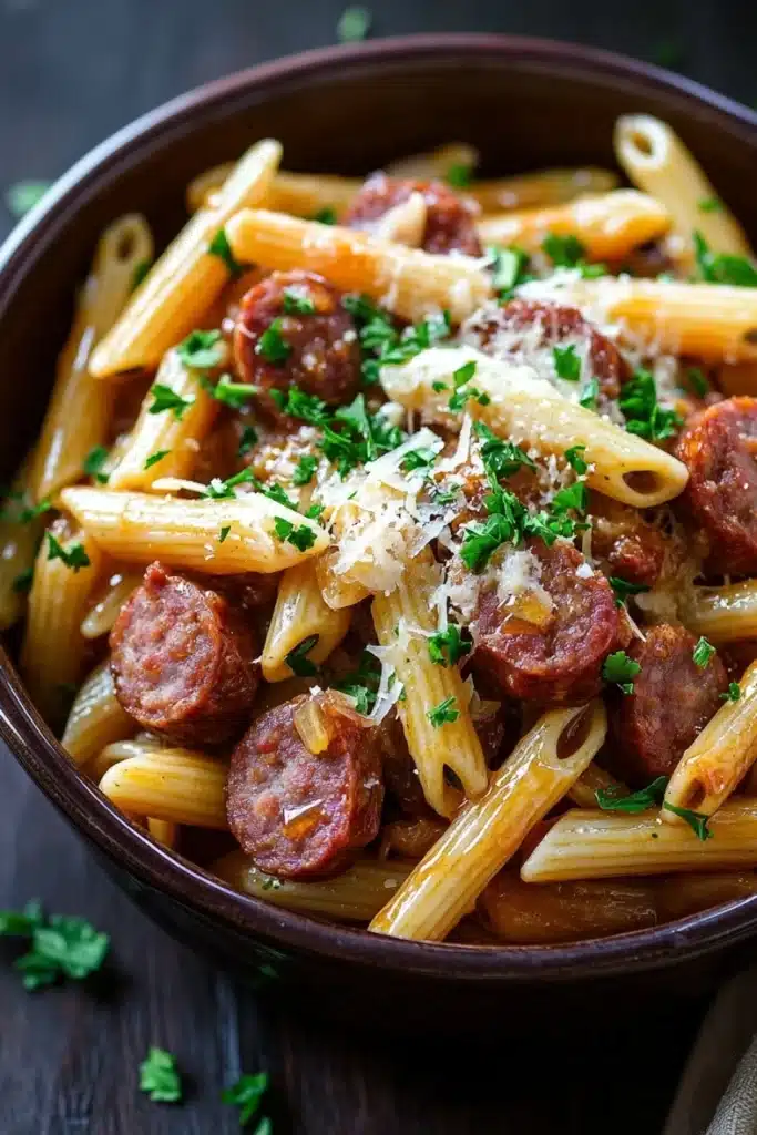 Sticky honey garlic sausage pasta skillet - the image is a close-up of a bowl of penne pasta with sausage and parmesan cheese. the pasta is cooked al dente and is garnished with fresh parsley. the dish is served in a brown ceramic bowl and is sitting on a wooden table. the background is blurred, but it appears to be a kitchen countertop. the overall color palette of the dish is warm and inviting.