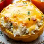 Stuffed bell peppers cheese - the image shows three stuffed bell peppers on a white plate. the bell peppers are orange in color and have a golden brown crust on top. they are filled with a mixture of rice and cheese, which appears to be melted and bubbly. there are also some green herbs scattered on top of the rice. the plate is garnished with a sprig of parsley. the background is blurred, but it seems to be a kitchen countertop.