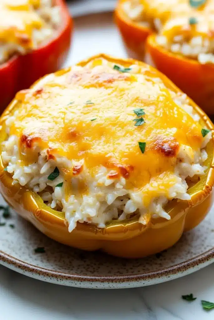 Stuffed bell peppers cheese - the image shows three stuffed bell peppers on a white plate. the bell peppers are orange in color and have a golden brown crust on top. they are filled with a mixture of rice and cheese, which appears to be melted and bubbly. there are also some green herbs scattered on top of the rice. the plate is garnished with a sprig of parsley. the background is blurred, but it seems to be a kitchen countertop.