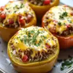Stuffed bell peppers gluten free - the image shows four stuffed bell peppers on a white plate. the bell peppers are yellow in color and have a layer of ground beef, tomato, and cheese on top. the cheese is melted and bubbly, and there are a few sprigs of parsley scattered around the plate. there are also a few pieces of red bell pepper on the plate, adding a pop of color to the dish. the plate is sitting on a wooden table.
