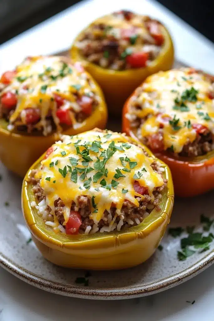 Stuffed bell peppers gluten free - the image shows four stuffed bell peppers on a white plate. the bell peppers are yellow in color and have a layer of ground beef, tomato, and cheese on top. the cheese is melted and bubbly, and there are a few sprigs of parsley scattered around the plate. there are also a few pieces of red bell pepper on the plate, adding a pop of color to the dish. the plate is sitting on a wooden table.