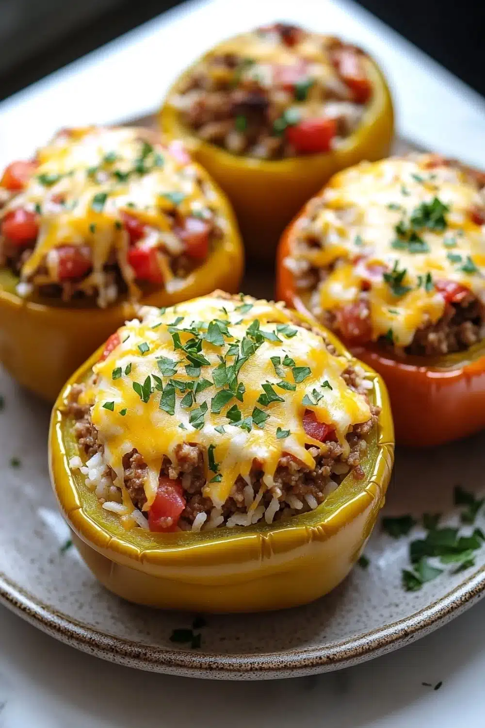 Stuffed bell peppers gluten free - the image shows four stuffed bell peppers on a white plate. the bell peppers are yellow in color and have a layer of ground beef, tomato, and cheese on top. the cheese is melted and bubbly, and there are a few sprigs of parsley scattered around the plate. there are also a few pieces of red bell pepper on the plate, adding a pop of color to the dish. the plate is sitting on a wooden table.