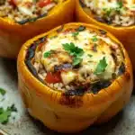 Stuffed bell peppers grilled - the image shows three stuffed bell peppers on a white plate with a speckled pattern. the bell peppers are golden brown and appear to be stuffed with a mixture of rice, meat, and vegetables. the top of the bell peppers is covered in melted cheese and garnished with fresh parsley. the plate is sitting on a wooden table with a few sprigs of parsley scattered around.