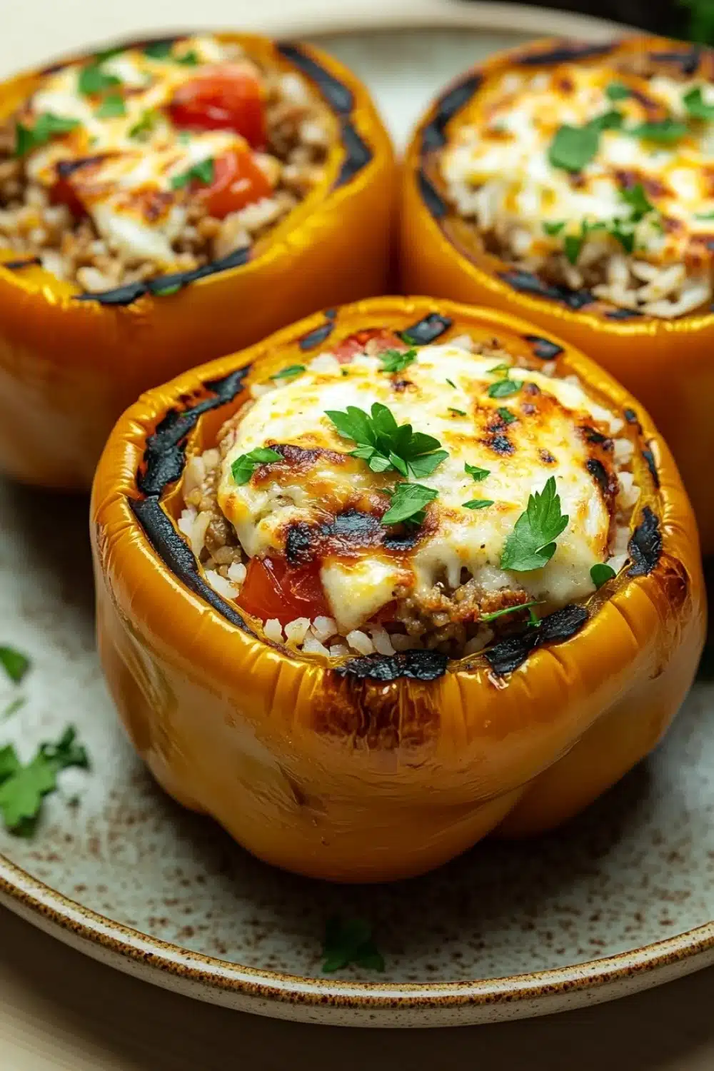 Stuffed bell peppers grilled - the image shows three stuffed bell peppers on a white plate with a speckled pattern. the bell peppers are golden brown and appear to be stuffed with a mixture of rice, meat, and vegetables. the top of the bell peppers is covered in melted cheese and garnished with fresh parsley. the plate is sitting on a wooden table with a few sprigs of parsley scattered around.