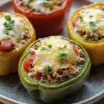 Stuffed bell peppers kids - the image shows four stuffed bell peppers on a gray plate. the bell peppers are in different colors - red, yellow, and green. each bell pepper is filled with a mixture of ground meat, cheese, and herbs. the cheese is melted and bubbly, and the herbs are scattered on top. the plate is sitting on a wooden table.