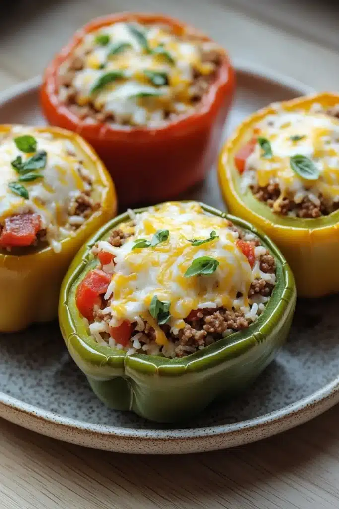 Stuffed bell peppers kids - the image shows four stuffed bell peppers on a gray plate. the bell peppers are in different colors - red, yellow, and green. each bell pepper is filled with a mixture of ground meat, cheese, and herbs. the cheese is melted and bubbly, and the herbs are scattered on top. the plate is sitting on a wooden table.