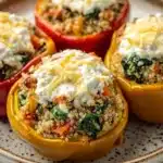 Stuffed bell peppers ricotta - the image shows a plate of stuffed bell peppers. the bell peppers are red and yellow in color and are arranged in a circular pattern on a white plate with a black and white speckled pattern. each bell pepper is filled with a mixture of quinoa, spinach, and other vegetables, and topped with a dollop of white cheese. the cheese appears to be melted and bubbly. the plate is sitting on a wooden table with a blurred background.