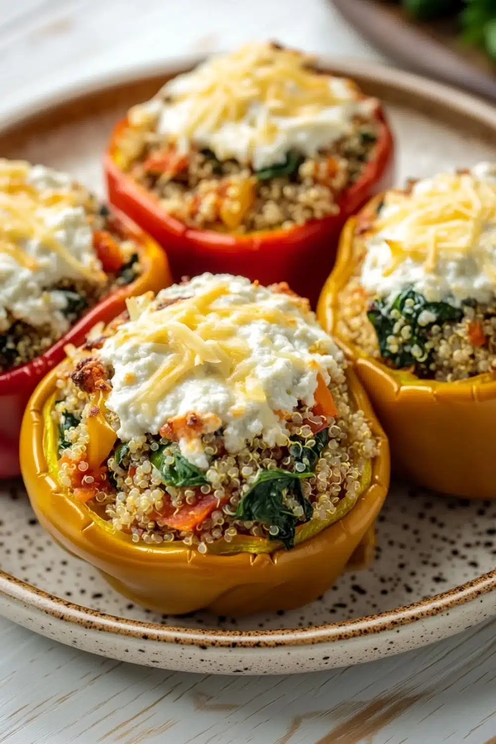 Stuffed bell peppers ricotta - the image shows a plate of stuffed bell peppers. the bell peppers are red and yellow in color and are arranged in a circular pattern on a white plate with a black and white speckled pattern. each bell pepper is filled with a mixture of quinoa, spinach, and other vegetables, and topped with a dollop of white cheese. the cheese appears to be melted and bubbly. the plate is sitting on a wooden table with a blurred background.