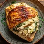 Stuffed chicken breast with rice - the image shows a plate of food on a wooden table. the plate is round and has a light brown color with a speckled texture. on top of the plate, there is a piece of grilled chicken with a golden brown crust on top. the chicken is cooked to a medium-rare and appears to be seasoned with herbs and spices. the dish is garnished with a sprig of parsley. the rice is white and fluffy, and there are chunks of spinach and red onions scattered throughout the dish. the overall appearance of the dish is savory and appetizing.