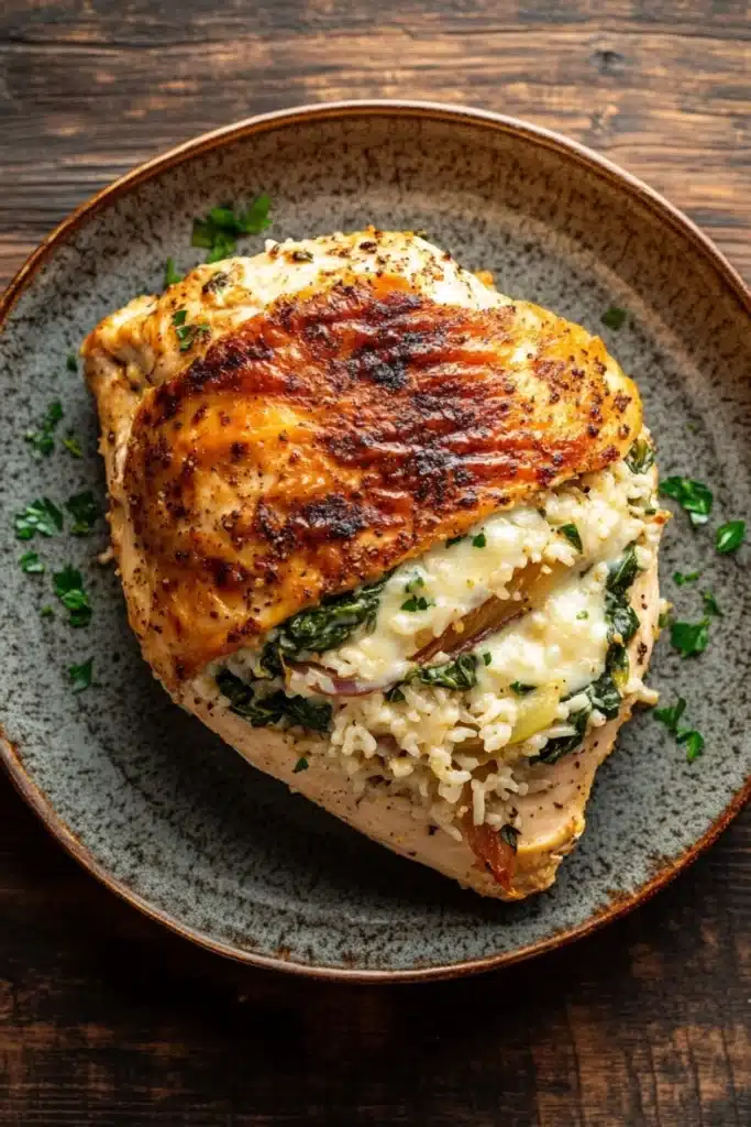 Stuffed chicken breast with rice - the image shows a plate of food on a wooden table. the plate is round and has a light brown color with a speckled texture. on top of the plate, there is a piece of grilled chicken with a golden brown crust on top. the chicken is cooked to a medium-rare and appears to be seasoned with herbs and spices. the dish is garnished with a sprig of parsley. the rice is white and fluffy, and there are chunks of spinach and red onions scattered throughout the dish. the overall appearance of the dish is savory and appetizing.