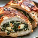 Stuffed chicken breast with spinach - the image shows two pieces of cooked chicken breasts on a white plate. the chicken breasts are golden brown and appear to be seasoned with herbs and spices. the center of the chicken breasts is filled with a mixture of spinach and cheese, which is visible through the layers of the meat. the plate is sitting on a wooden table with a blurred background.