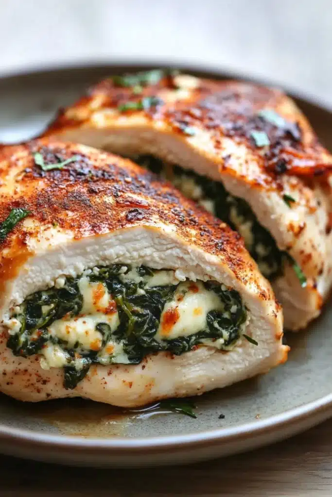 Stuffed chicken breast with spinach - the image shows two pieces of cooked chicken breasts on a white plate. the chicken breasts are golden brown and appear to be seasoned with herbs and spices. the center of the chicken breasts is filled with a mixture of spinach and cheese, which is visible through the layers of the meat. the plate is sitting on a wooden table with a blurred background.