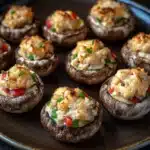 Stuffed mushrooms with crabmeat - the image shows a plate of stuffed mushrooms. the mushrooms are round and have a dark brown color. they are arranged in a circular pattern on the plate. each mushroom is filled with a mixture of scrambled eggs, red bell peppers, and green onions. the eggs are golden brown and appear to be seasoned with herbs and spices. the plate is sitting on a dark wooden table with a blurred background.