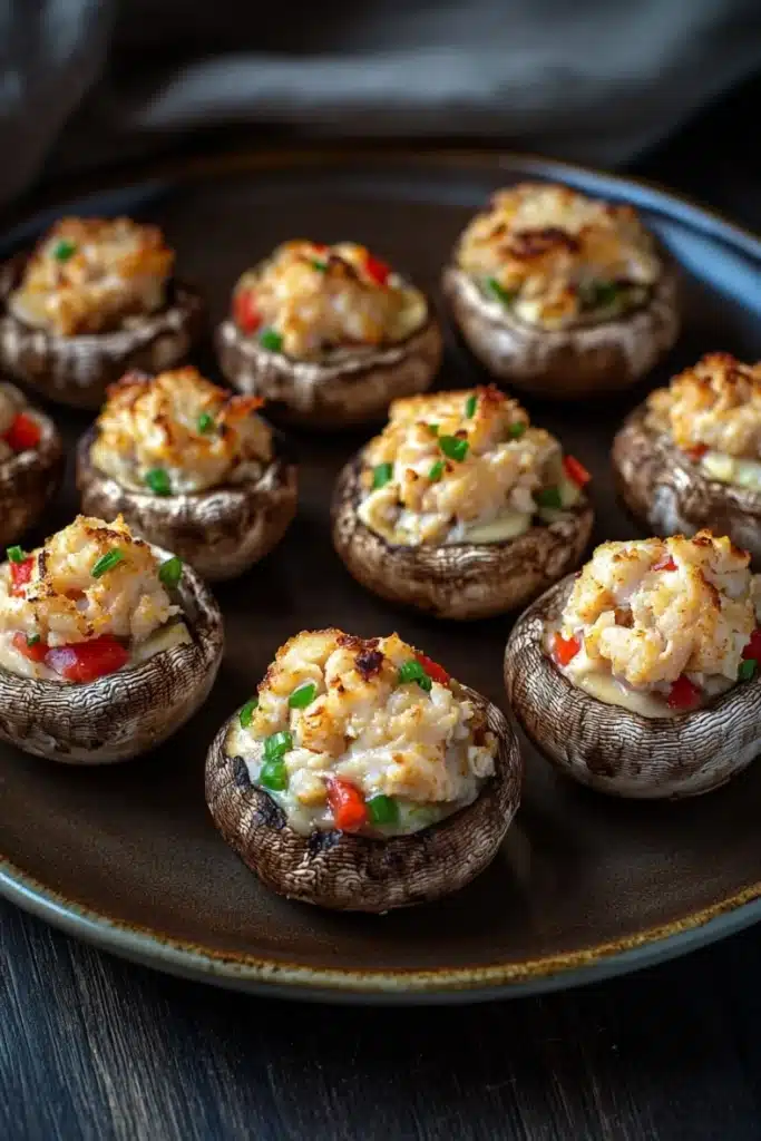 Stuffed mushrooms with crabmeat - the image shows a plate of stuffed mushrooms. the mushrooms are round and have a dark brown color. they are arranged in a circular pattern on the plate. each mushroom is filled with a mixture of scrambled eggs, red bell peppers, and green onions. the eggs are golden brown and appear to be seasoned with herbs and spices. the plate is sitting on a dark wooden table with a blurred background.