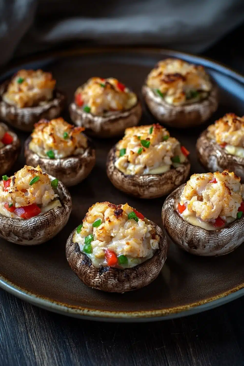 Stuffed mushrooms with crabmeat - the image shows a plate of stuffed mushrooms. the mushrooms are round and have a dark brown color. they are arranged in a circular pattern on the plate. each mushroom is filled with a mixture of scrambled eggs, red bell peppers, and green onions. the eggs are golden brown and appear to be seasoned with herbs and spices. the plate is sitting on a dark wooden table with a blurred background.