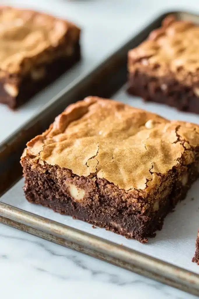 Sugar cookie brownies - the image shows a tray of freshly baked brownies on a white marble countertop. the brownies are rectangular in shape and have a rich, dark brown color. they are topped with a layer of peanut butter frosting, which is a light brown color and has a crumbly texture. the frosting appears to be slightly uneven and has small white chocolate chips scattered throughout. the tray is lined with parchment paper and there are a few more brownies visible in the background.