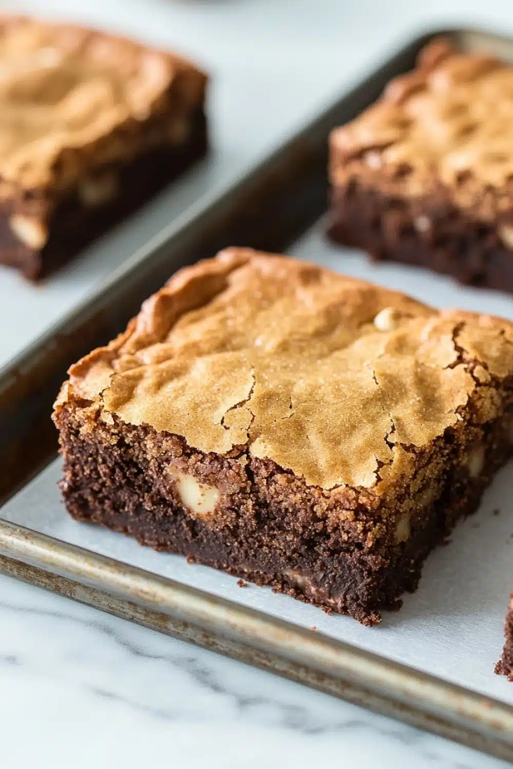 Sugar cookie brownies - the image shows a tray of freshly baked brownies on a white marble countertop. the brownies are rectangular in shape and have a rich, dark brown color. they are topped with a layer of peanut butter frosting, which is a light brown color and has a crumbly texture. the frosting appears to be slightly uneven and has small white chocolate chips scattered throughout. the tray is lined with parchment paper and there are a few more brownies visible in the background.