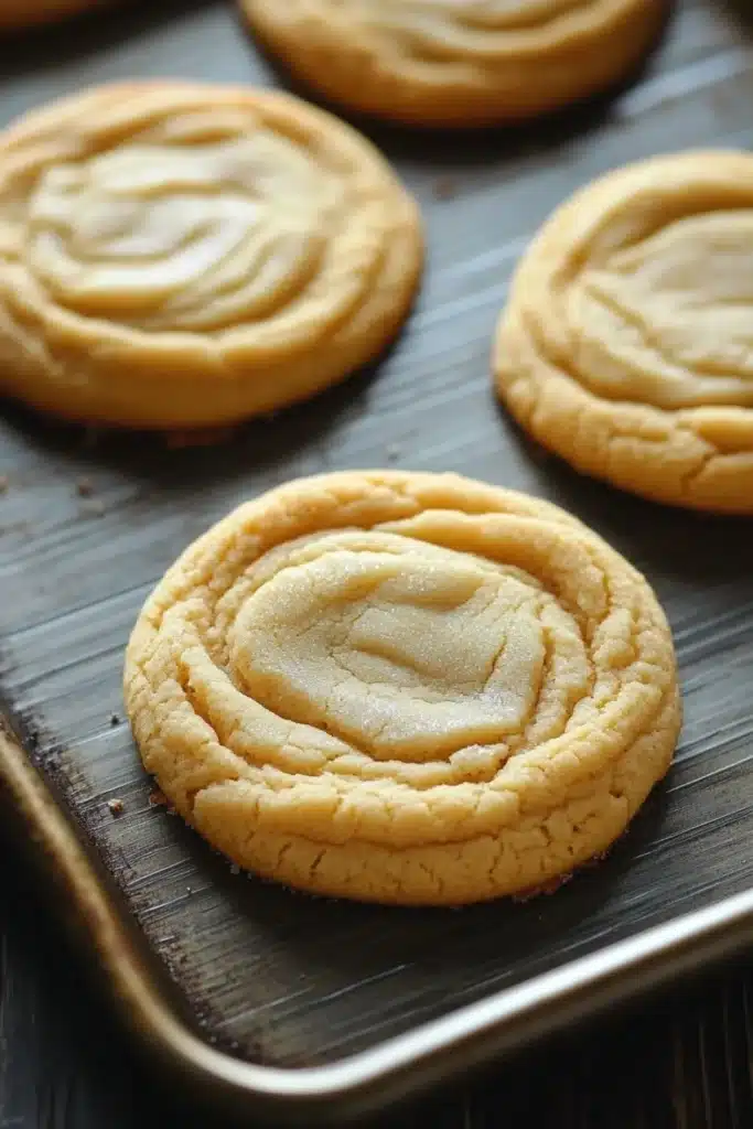 Sugar cookie mix - the image shows a baking tray with six freshly baked cookies on it. the cookies are round and golden brown in color, with a swirl pattern on top. they are arranged in a row on the tray, with some overlapping each other. the tray is lined with parchment paper, and the cookies appear to be freshly baked. the background is blurred, but it appears to be a wooden table.