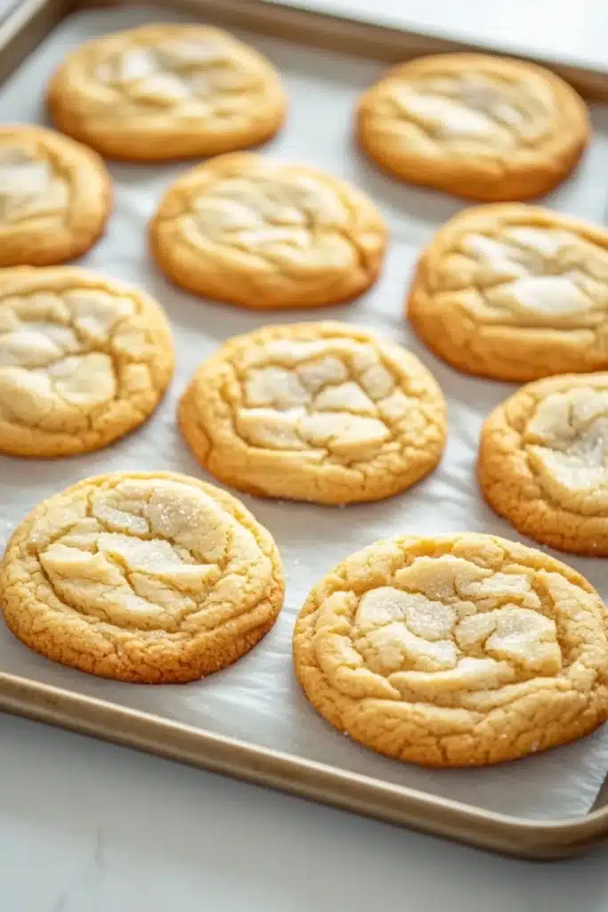Sugar cookie platter - the image shows a tray of freshly baked cookies on a white countertop. the cookies are round and golden brown in color, with a crumbly texture on top. they are arranged in a single layer on the tray, with some overlapping each other. some of the cookies have a light dusting of powdered sugar on top, indicating that they have been freshly baked. the tray appears to be lined with parchment paper, and the background is blurred, making the cookies the focal point of the image.