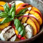 Summer peach balsamic caprese salad - the image is a close-up of a salad in a bowl. the salad is made up of sliced peaches, mozzarella cheese, and fresh basil leaves. the peaches are arranged in a circular pattern, with some overlapping each other. the cheese is melted and bubbly, and the basil leaves are scattered throughout the salad. the bowl is made of a dark-colored material, possibly ceramic or ceramic, and is sitting on a wooden table. the background is blurred, but it appears to be a rustic kitchen countertop.