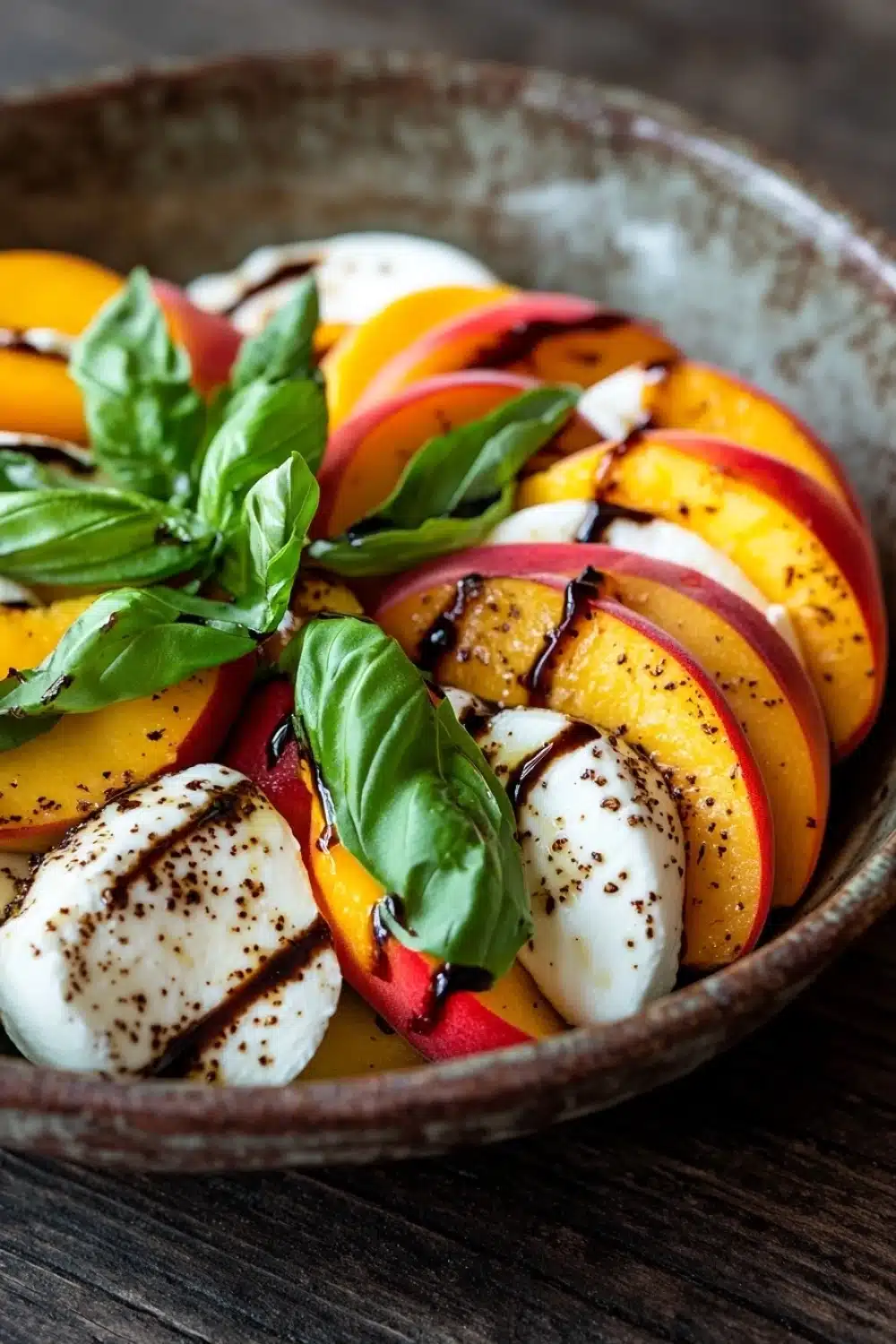 Summer peach balsamic caprese salad - the image is a close-up of a salad in a bowl. the salad is made up of sliced peaches, mozzarella cheese, and fresh basil leaves. the peaches are arranged in a circular pattern, with some overlapping each other. the cheese is melted and bubbly, and the basil leaves are scattered throughout the salad. the bowl is made of a dark-colored material, possibly ceramic or ceramic, and is sitting on a wooden table. the background is blurred, but it appears to be a rustic kitchen countertop.