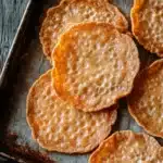 Thin and crispy cookie - the image shows a tray of round, golden-brown crackers on a dark wooden table. the crackers are arranged in a scattered manner on the tray, with some overlapping each other. they appear to be freshly baked and have a crumbly texture. the tray is lined with parchment paper, and the background is blurred, making the crackers the focal point of the image.