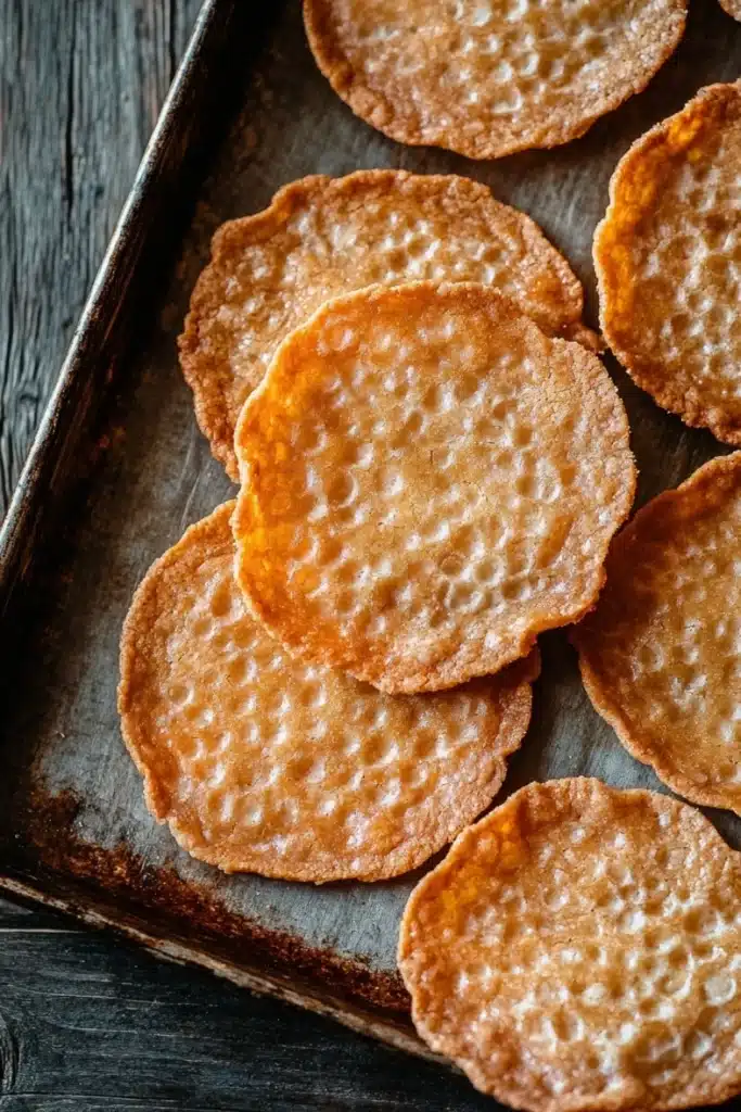 Thin and crispy cookie - the image shows a tray of round, golden-brown crackers on a dark wooden table. the crackers are arranged in a scattered manner on the tray, with some overlapping each other. they appear to be freshly baked and have a crumbly texture. the tray is lined with parchment paper, and the background is blurred, making the crackers the focal point of the image.