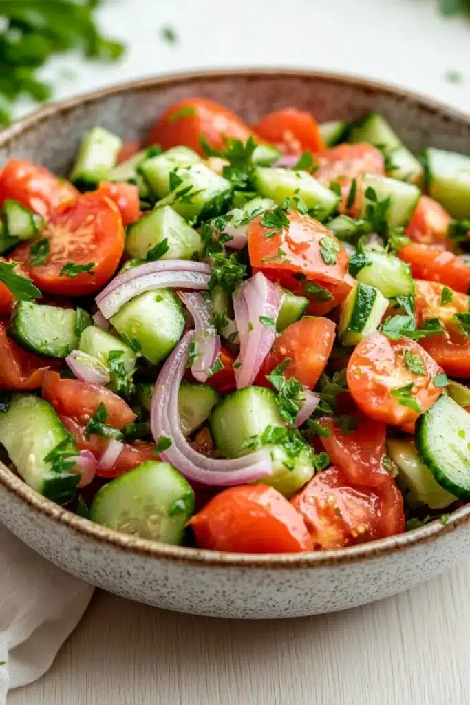 Tomato cucumber and onion salad - the image is a close-up of a bowl of salad. the salad is made up of diced tomatoes, cucumbers, and red onions. the tomatoes are cut into small cubes and are arranged in a circular pattern. the cucumbers are sliced into thin strips and are scattered throughout the salad. there are also some fresh herbs, such as cilantro, scattered throughout. the bowl is sitting on a white tablecloth with a sprig of parsley on the side. the background is blurred, but it appears to be a kitchen countertop.