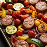Trader joes chicken sausage sheet pan - the image shows a baking tray filled with various types of food. on the left side of the tray, there are several small pieces of sausage, which appear to be cooked and have a golden brown color. next to the sausage, there is a pile of sliced zucchini, red onion, and cherry tomatoes. the vegetables are arranged in a colorful and appetizing manner, with some overlapping each other. the tray is lined with parchment paper, and the background is dark, making the colors of the food stand out.