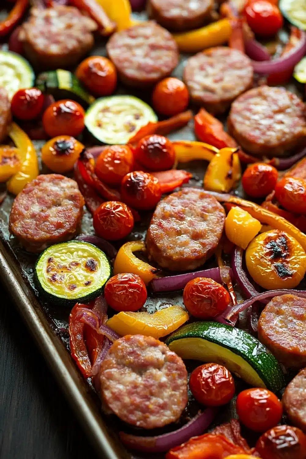 Trader joes chicken sausage sheet pan - the image shows a baking tray filled with various types of food. on the left side of the tray, there are several small pieces of sausage, which appear to be cooked and have a golden brown color. next to the sausage, there is a pile of sliced zucchini, red onion, and cherry tomatoes. the vegetables are arranged in a colorful and appetizing manner, with some overlapping each other. the tray is lined with parchment paper, and the background is dark, making the colors of the food stand out.