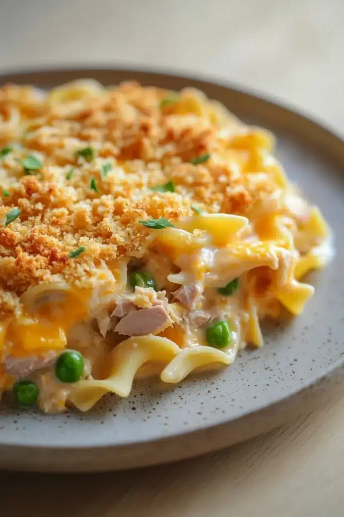 Tuna casserole classic - the image shows a plate of macaroni and cheese casserole. the dish is made up of long, thin noodles that are covered in a creamy yellow sauce. the sauce appears to be melted and bubbly, with chunks of ham and peas scattered throughout. on top of the sauce, there is a layer of breadcrumbs, which are golden brown and crispy. the plate is white and round, and it is sitting on a wooden table.