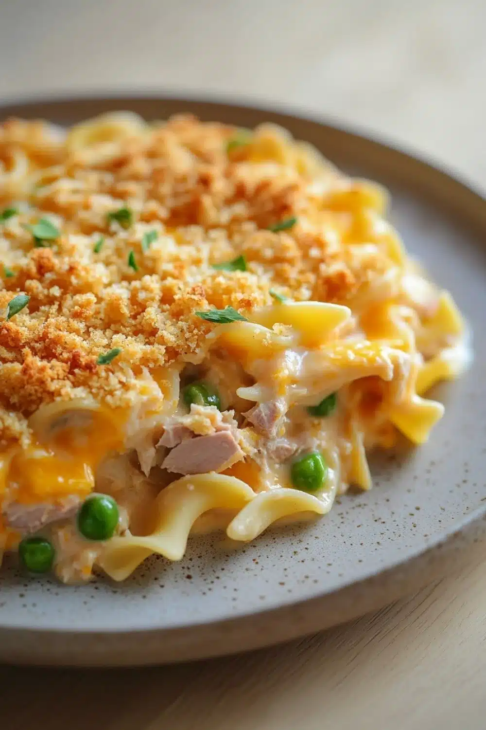 Tuna casserole classic - the image shows a plate of macaroni and cheese casserole. the dish is made up of long, thin noodles that are covered in a creamy yellow sauce. the sauce appears to be melted and bubbly, with chunks of ham and peas scattered throughout. on top of the sauce, there is a layer of breadcrumbs, which are golden brown and crispy. the plate is white and round, and it is sitting on a wooden table.