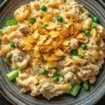 Tuna casserole with mac and cheese - the image is a close-up of a bowl of macaroni and cheese. the bowl is made of dark brown ceramic and is placed on a wooden table. the pasta is a creamy yellow color and appears to be cooked al dente. on top of the pasta, there are chunks of green peas and a sprinkle of orange corn flakes. the dish looks appetizing and ready to eat.