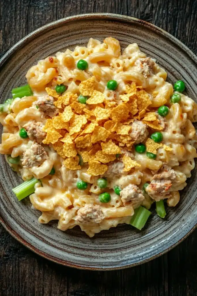 Tuna casserole with mac and cheese - the image is a close-up of a bowl of macaroni and cheese. the bowl is made of dark brown ceramic and is placed on a wooden table. the pasta is a creamy yellow color and appears to be cooked al dente. on top of the pasta, there are chunks of green peas and a sprinkle of orange corn flakes. the dish looks appetizing and ready to eat.