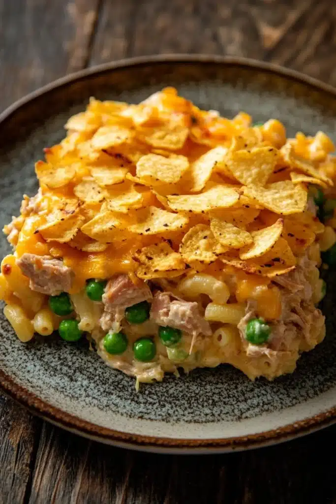 Tuna casserole with potato chips - the image shows a plate of macaroni and cheese casserole on a wooden table. the dish is made with macaronis, cheese, and green peas, and is topped with a layer of melted cheese. there are also a few tortilla chips scattered on top of the dish. the plate is brown and has a speckled pattern around the edges. the background is blurred, but it appears to be a rustic wooden table with a dark finish.