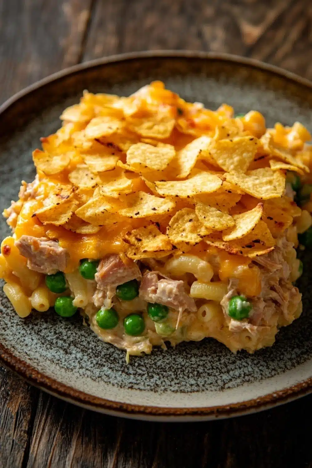 Tuna casserole with potato chips - the image shows a plate of macaroni and cheese casserole on a wooden table. the dish is made with macaronis, cheese, and green peas, and is topped with a layer of melted cheese. there are also a few tortilla chips scattered on top of the dish. the plate is brown and has a speckled pattern around the edges. the background is blurred, but it appears to be a rustic wooden table with a dark finish.